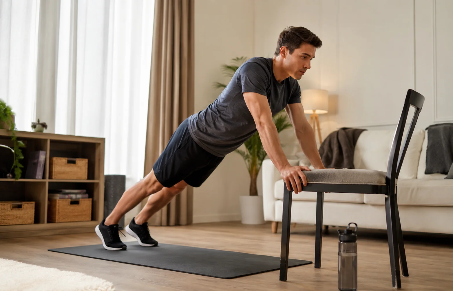 Persona principiante entrenando fuerza en casa sin máquinas