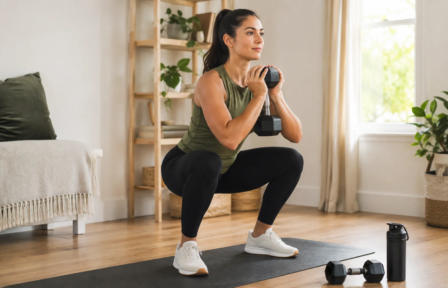 Persona principiante entrenando todo el cuerpo con mancuernas en casa