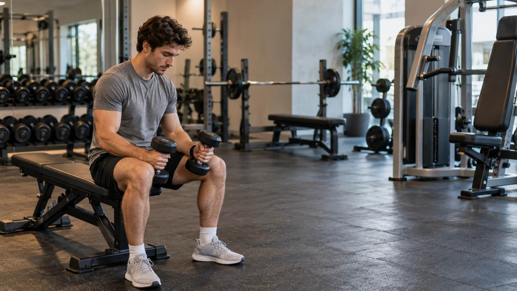 Persona principiante preparándose para una rutina de pecho en gimnasio con banco y mancuernas