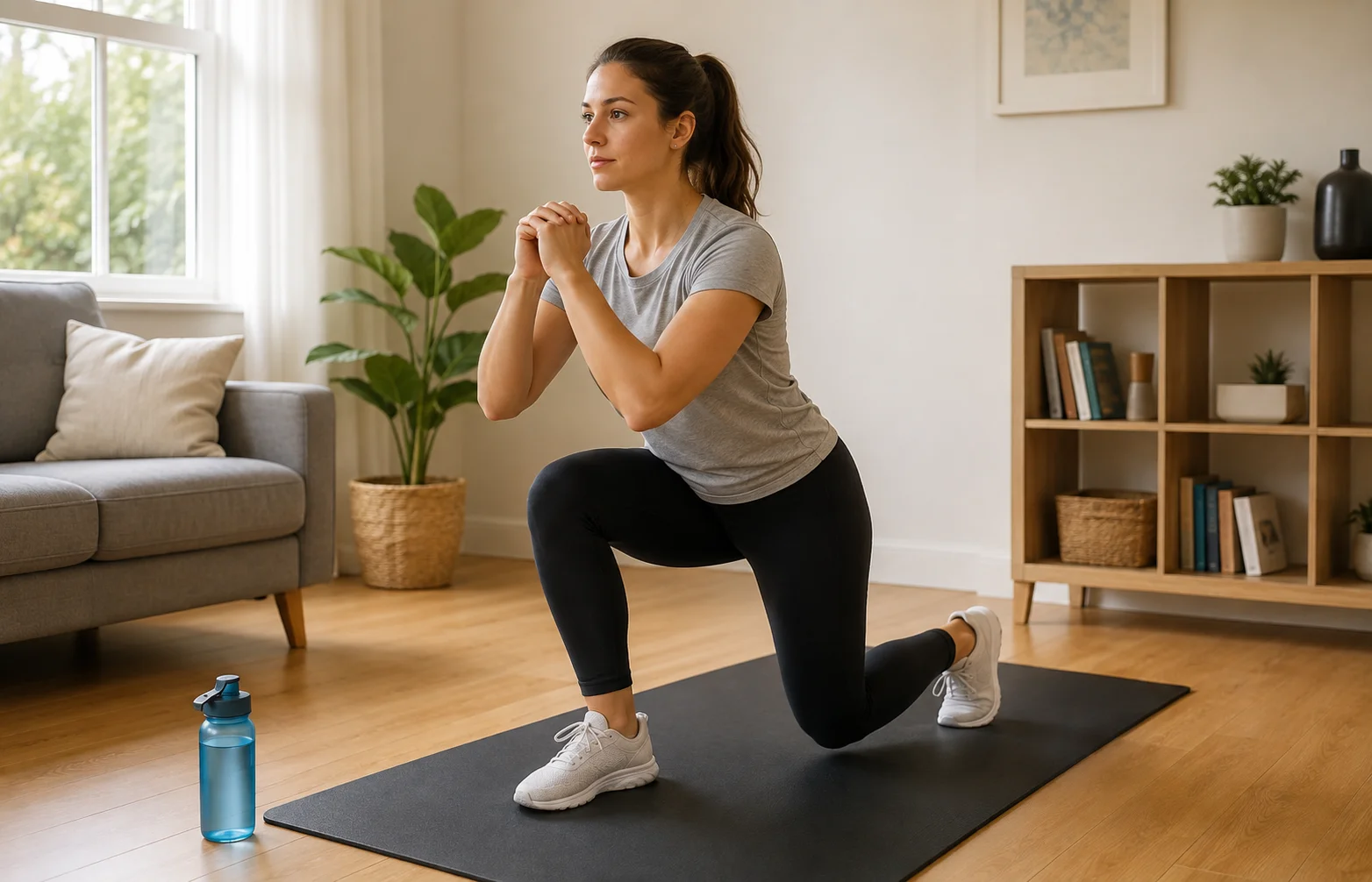 Persona principiante realizando un ejercicio de piernas en casa