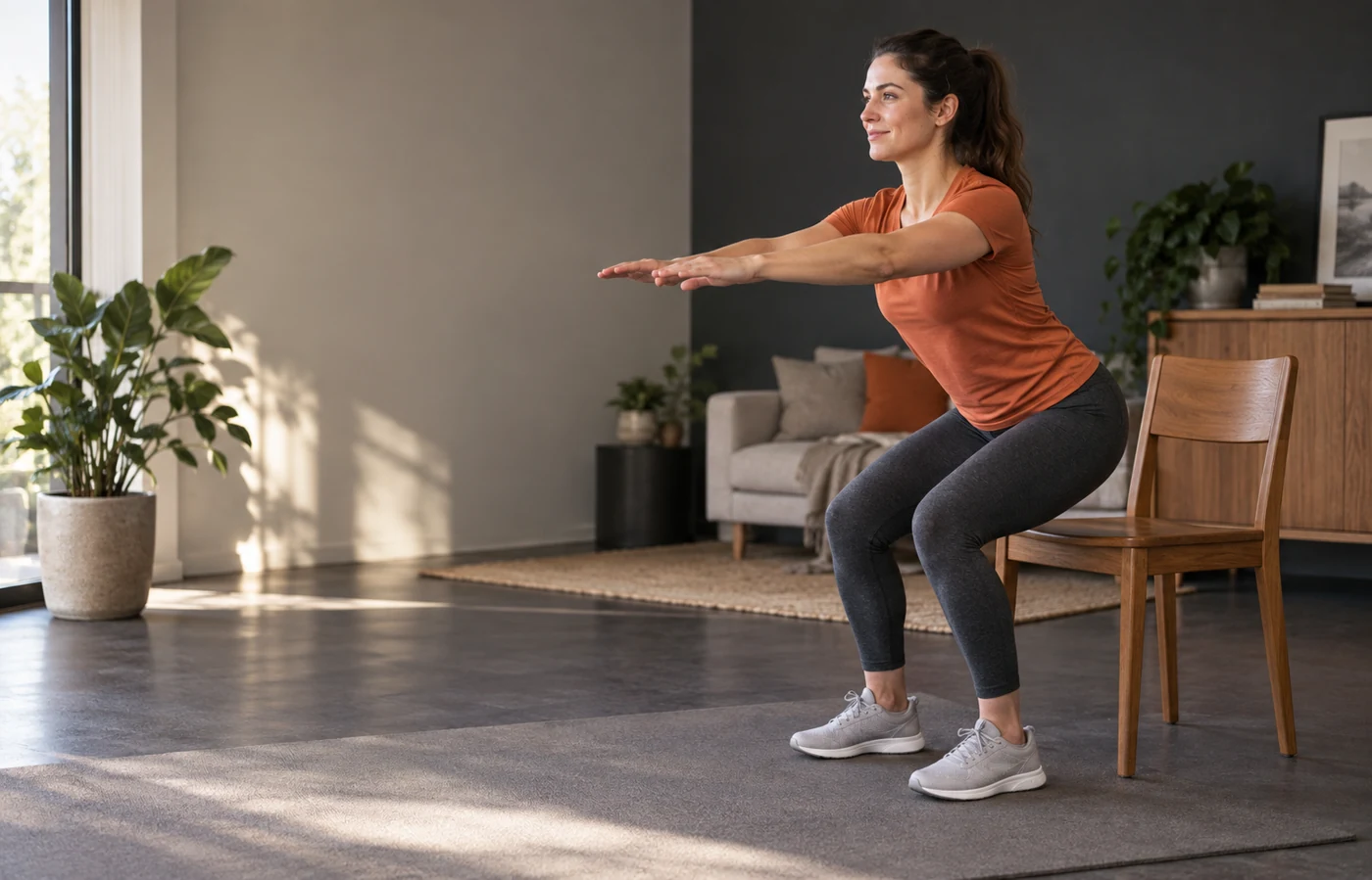 Mujer practicando el gesto de levantarse de una silla en casa.