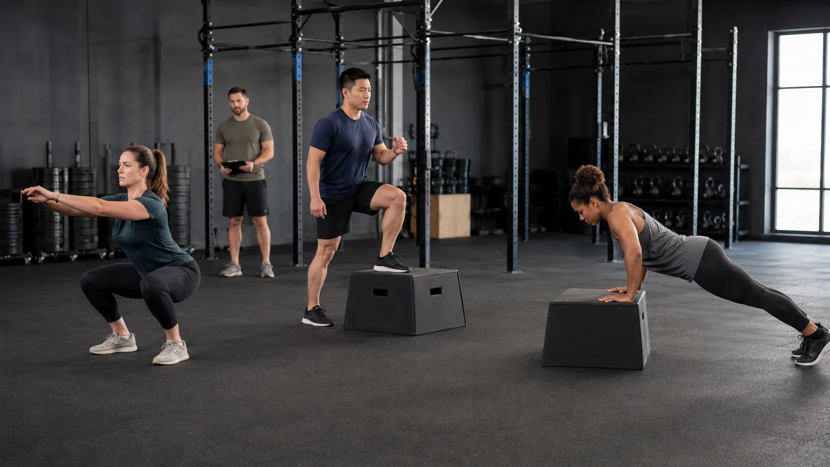 Circuito CrossFit de adaptación con sentadillas, step-ups y flexiones inclinadas para principiantes