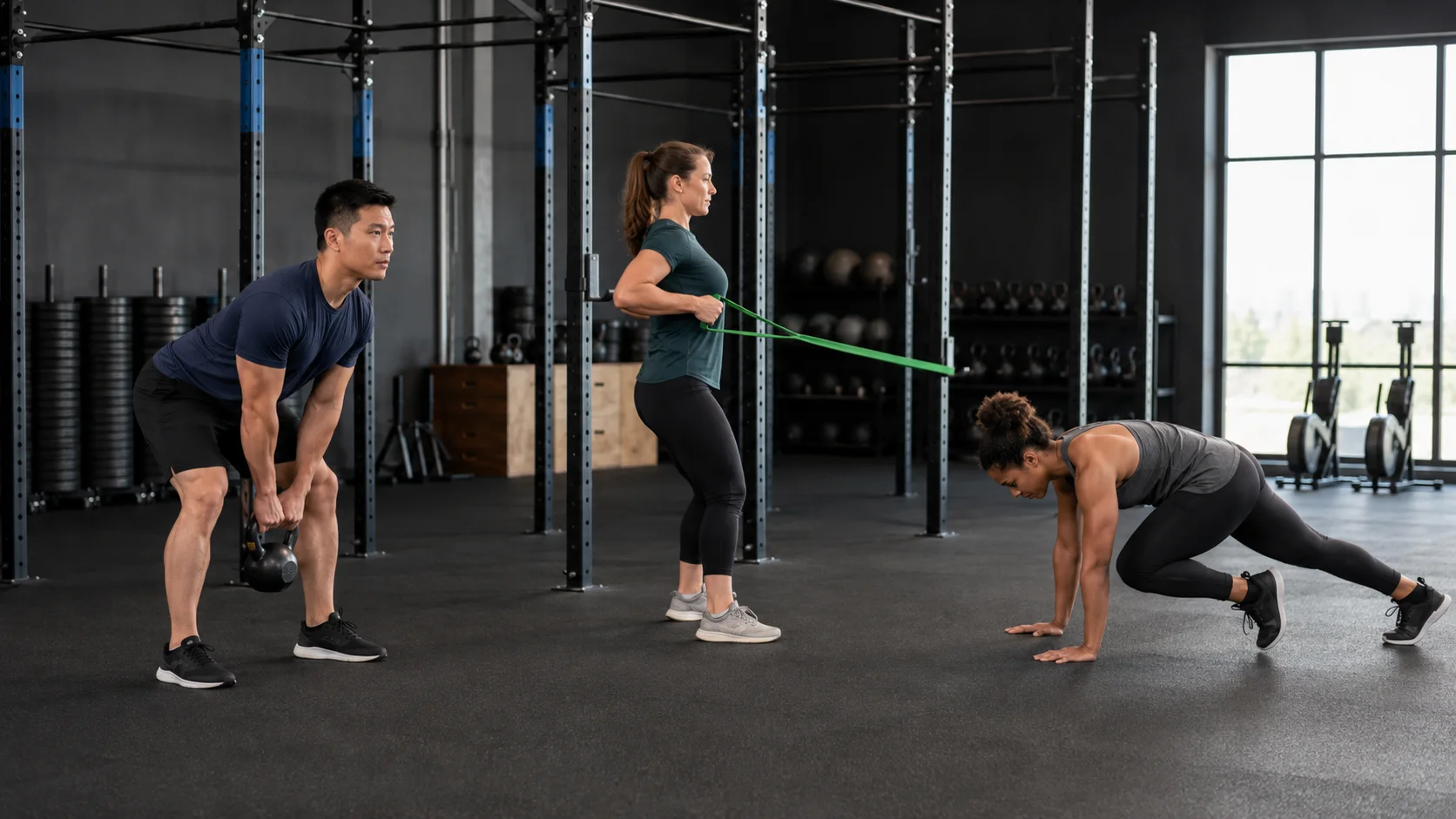 Entrenamiento CrossFit principiante con peso muerto ligero, remo con banda y burpee adaptado