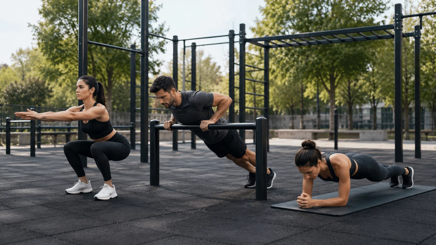 Sentadilla con peso corporal, flexión inclinada y plancha abdominal ejecutadas con técnica básica por principiantes