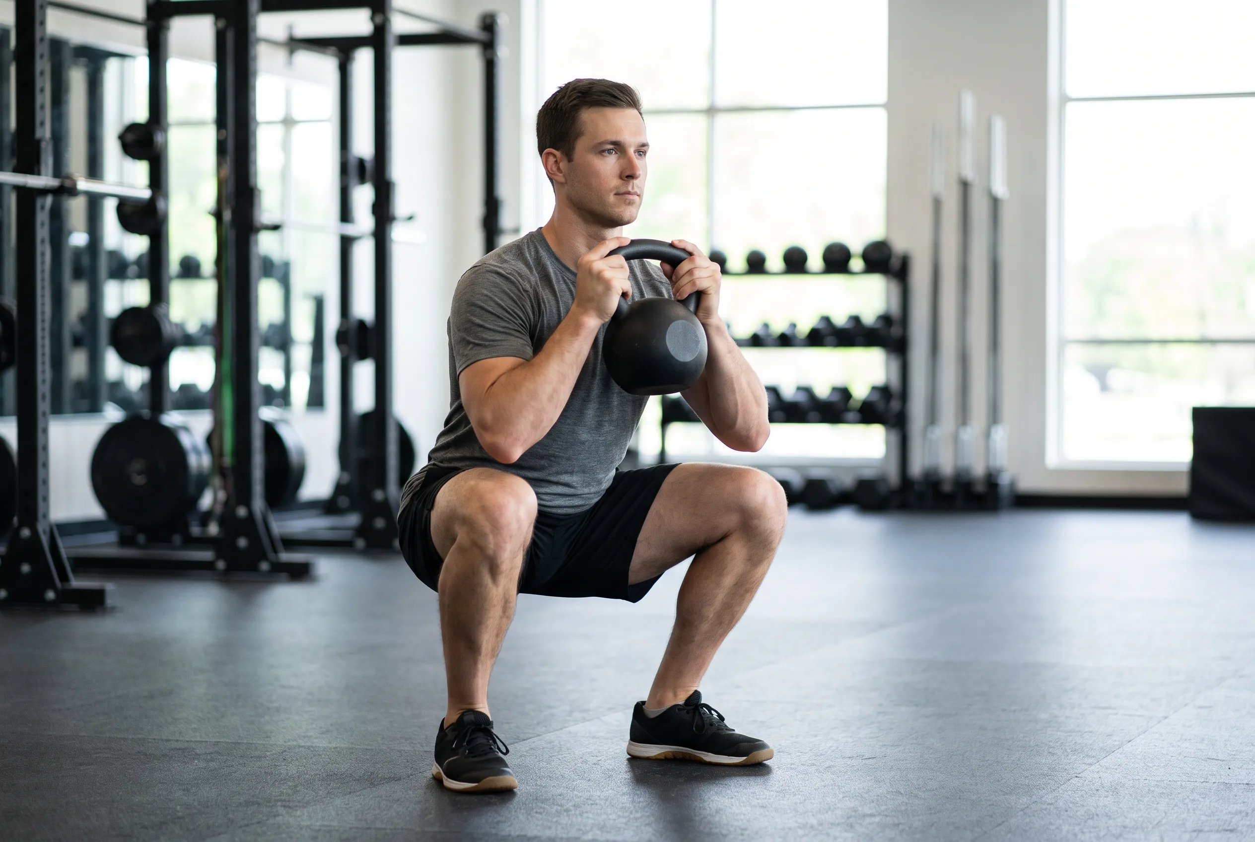 Sentadilla goblet con kettlebell y rodillas alineadas