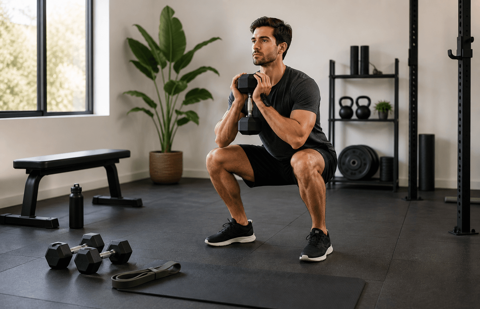 Principiante realizando sentadilla goblet durante una sesión de fuerza de cuerpo completo