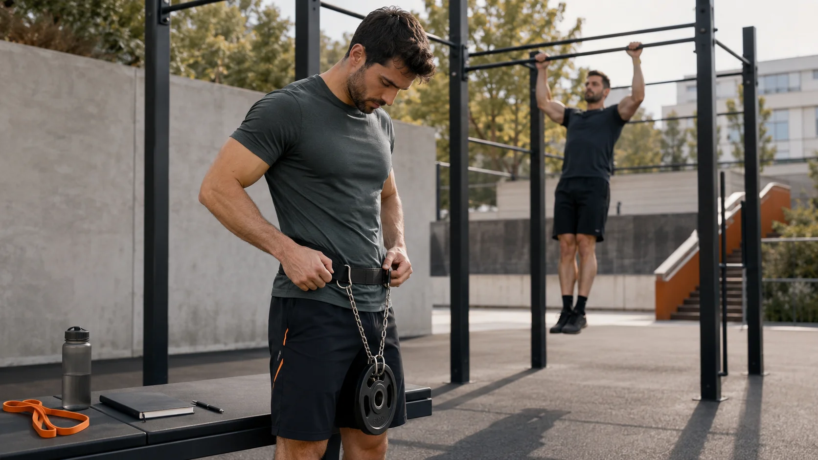 Atleta preparando un lastre ligero para progresar en dominadas de calistenia con técnica controlada