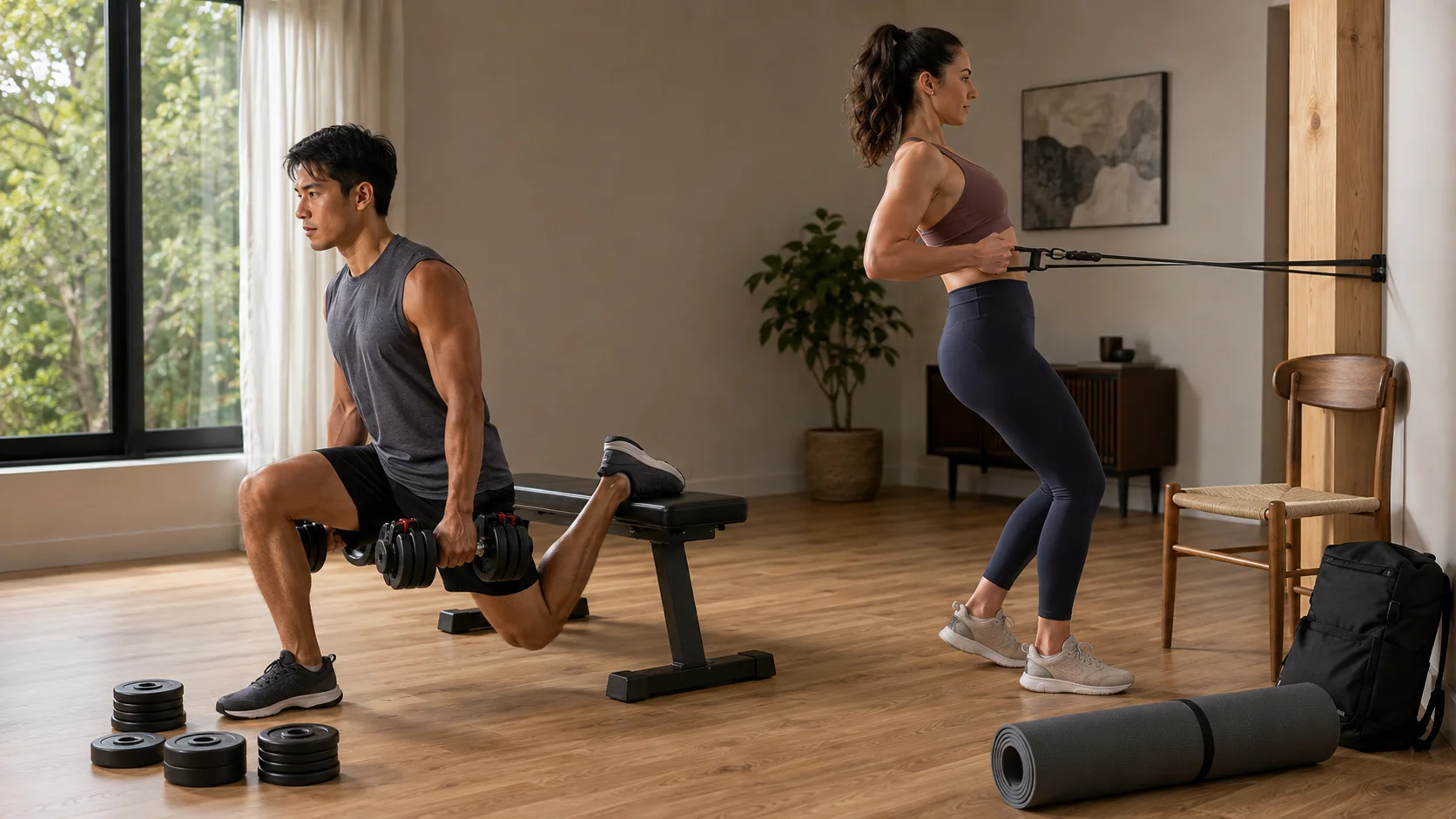 Entrenamiento de fuerza en casa con mancuernas y bandas elásticas