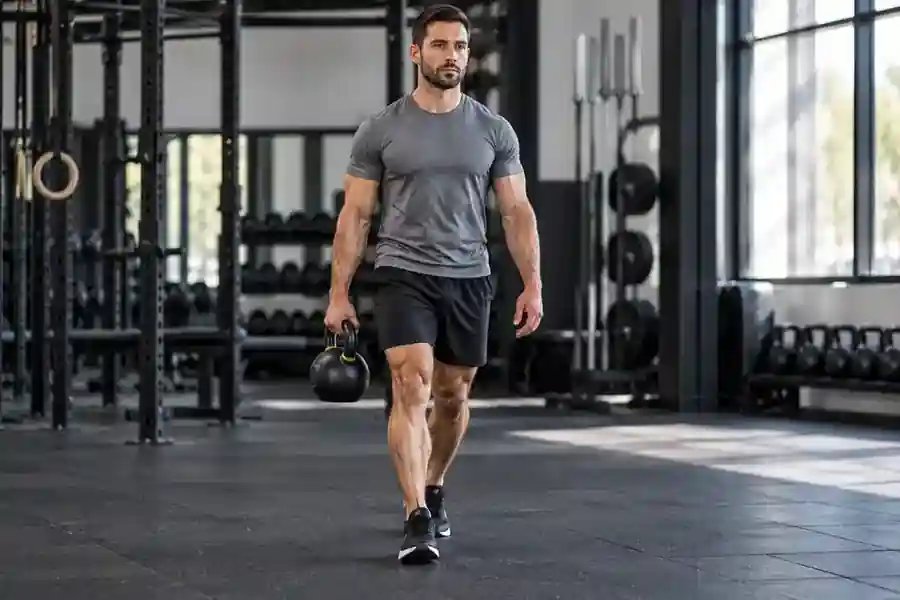 Persona caminando con una kettlebell a un lado del cuerpo en suitcase carry