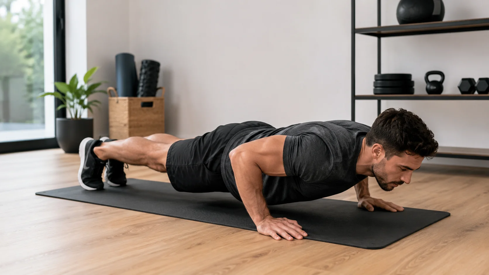 Persona realizando una flexión clásica con cuerpo alineado y codos orientados hacia atrás