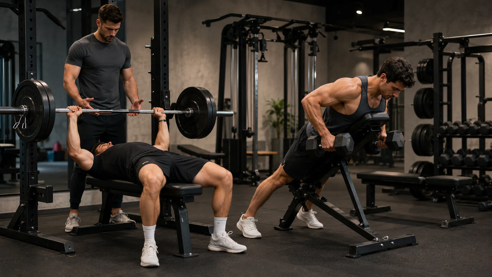 Entrenamiento de torso intermedio con press banca y remo de pecho apoyado