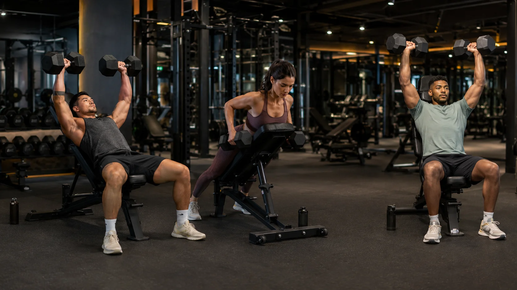 Entrenamiento de torso intermedio con press, remo y press de hombros ejecutados con control