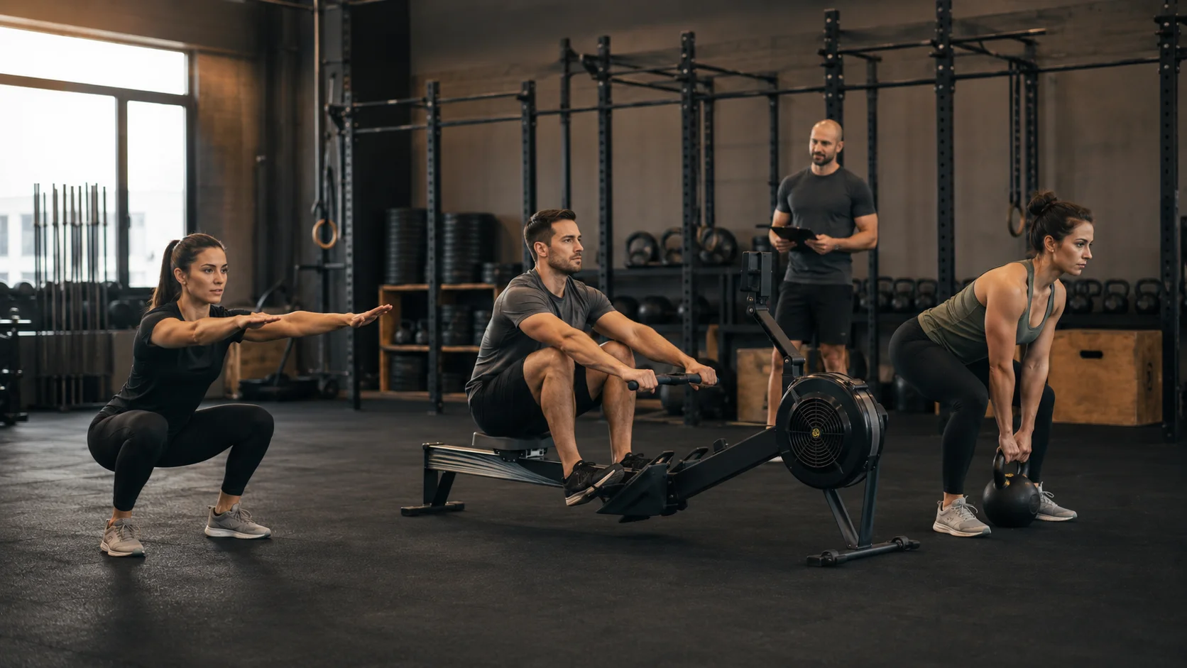 WOD adaptado para principiantes con sentadilla, remo y kettlebell bajo supervisión