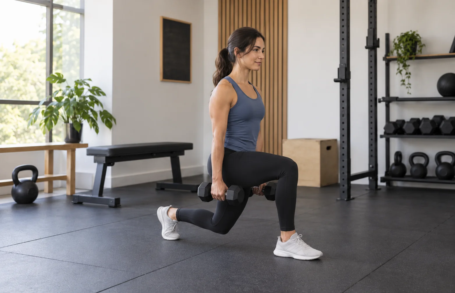 Zancada con mancuernas para principiantes con torso estable y rodilla alineada